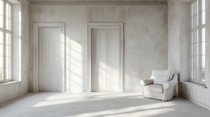 Neutral room showcasing two doors a window and an armchair
