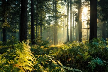 Lush Forest with Ferns and Sunlight in High Definition