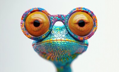 Colorful chameleon with oversized reflective glasses vibrant rainbow scales surrealism portrait
