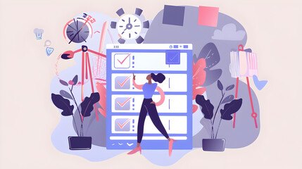 Woman standing next to checklist with clocks and plants in a stylized illustration style scene