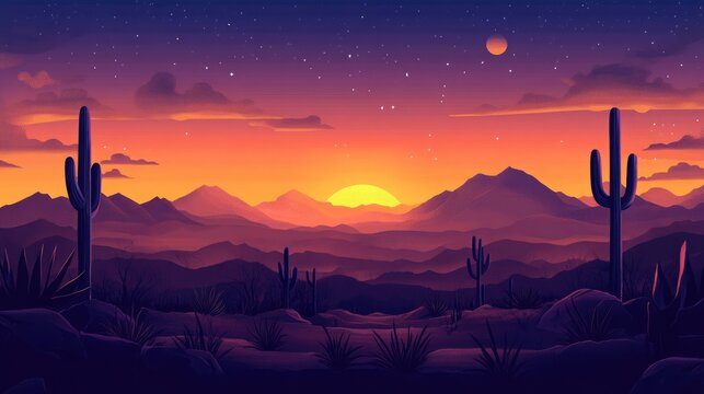 Vivid Arizona desert landscape featuring silhouettes of cacti against sunset skies