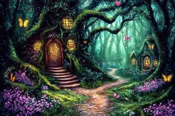 Fototapeta premium A Fantasy Realm Filled with Butterflies and Fireflies 