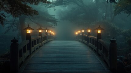 Enigmatic Bridge Path in Misty Forest: A Nighttime Stroll