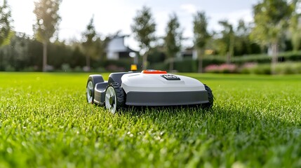 A close up view of the smooth sturdy wheels of an eco friendly electric lawn mower rolling effortlessly over a vibrant carpet of freshly cut grass