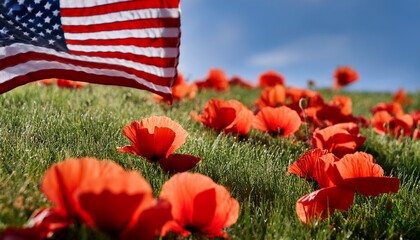 A close-up of red poppies scattered on a green lawn, with an American flag in the background, softly blowing in the wind