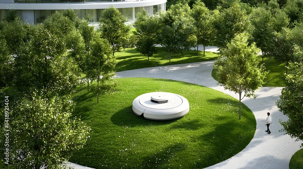 Poster a small robotic lawnmower autonomously mowing the grass in a smart home garden showcasing the future