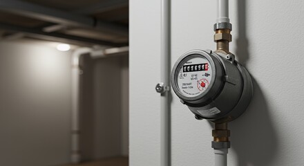 Silver Water Meter on White Wall in Basement