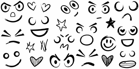 Hand Drawn Doodle Emoji Faces Vector, Black and White Sketch Emoticons Set, Cartoon Facial Expressions Vector Pack, Scribble Style Mood Faces Clipart, Funny Hand Drawn Emotions Vector Isolated