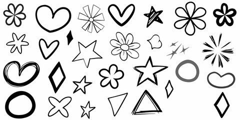 Black and White Doodle Elements Vector Set, Hand Drawn Sketch Icons Pack, Minimalist Star and Heart Doodles Clipart, Monochrome Scribble Vector Shapes, Line Art Doodle Symbols Collection, Grunge Style