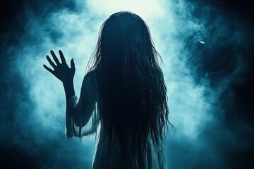 Ghostly woman with long dark hair reaching out in foggy dark horror scene