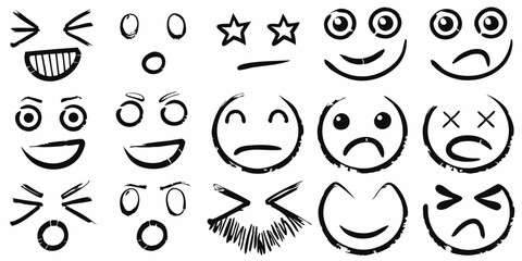 Hand Drawn Doodle Emoji Faces Vector, Black and White Sketch Emoticons Set, Cartoon Facial Expressions Vector Pack, Scribble Style Mood Faces Clipart, Funny Hand Drawn Emotions Vector Isolated