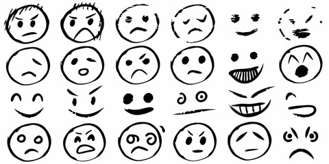 Hand Drawn Doodle Emoji Faces Vector, Black and White Sketch Emoticons Set, Cartoon Facial Expressions Vector Pack, Scribble Style Mood Faces Clipart, Funny Hand Drawn Emotions Vector Isolated