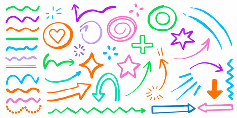 Colorful Doodle Arrows Vector Set, Hand Drawn Directional Arrows Clipart, Sketch Style Arrow Symbols Collection, Vibrant Scribble Arrows and Shapes Vector, Abstract Color Arrow Icons Isolated