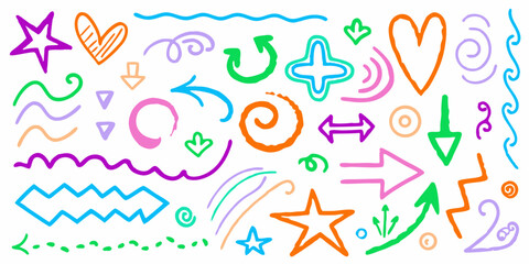 Colorful Doodle Arrows Vector Set, Hand Drawn Directional Arrows Clipart, Sketch Style Arrow Symbols Collection, Vibrant Scribble Arrows and Shapes Vector, Abstract Color Arrow Icons Isolated