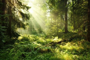 Obraz premium Mystical Forest with Sunlight Beams Piercing Through Lush Foliage, 4K Nature Wallpaper for Desktop & Mobile 
