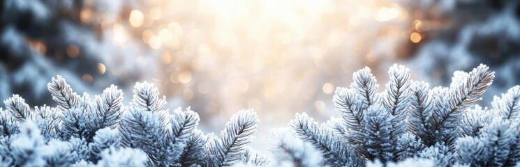 Snow covered pine branches with blurred holiday lights winter forest background bright natural lighting serene nature scene