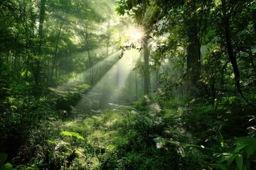 Obraz premium Sunlight Beams in Lush Forest with High Definition Details