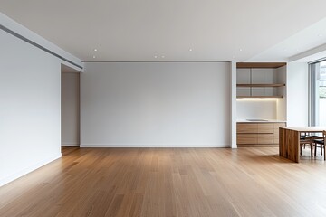 Modern empty living room with hardwood floors, large window, and white walls