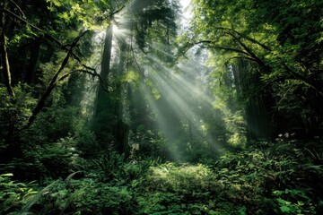 Obraz premium Sunlight Beams in Lush Forest with High Definition Details