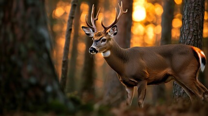 Majestic deer in golden forest sunset
