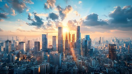 Obraz premium Stunning Sunrise Over Modern Metropolis Skyline Cityscape Panorama