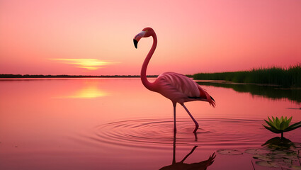 Naklejka premium Serene scene of a pink flamingo wading through peaceful waters with a vibrant sunset sky in the background