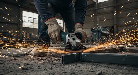 Close Up of a Person Using an Angle Grinder on Metal in an Industrial Setting