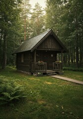 Fototapeta premium Dark Wood Cabin in Lush Green Forest