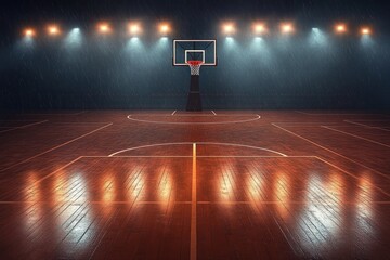 Empty basketball court at night with intense stadium lights and detailed reflective hardwood floor
