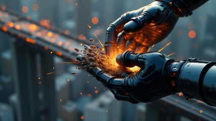 Hands sync a drone’s LiDAR as liquid metal rebuilds its antenna. Textures: rusted rebar, nano-coated fingers. Eclipse shadows vs. welder flashes.