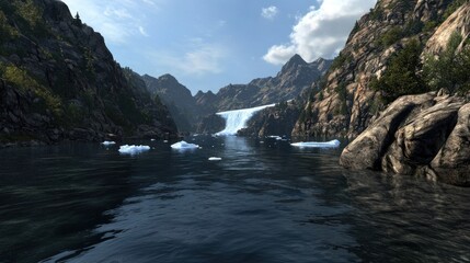 Fototapeta premium Mountain Waterfall over Glacial Lake