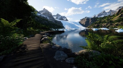 Wooden path by alpine lake, glacier mountains, scenic view