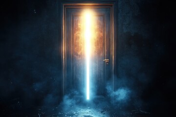 Mysterious open door glowing with bright light in dark wooden room with fog and eerie atmosphere