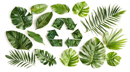 Lush Green Tropical Leaves Arranged Around a Recycling Symbol Eco Friendly Concept
