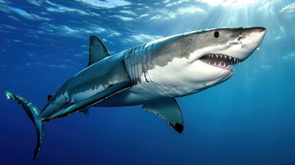 Fototapeta premium Great White Shark, Ocean Depth, Sunlight, Predatory Prowl