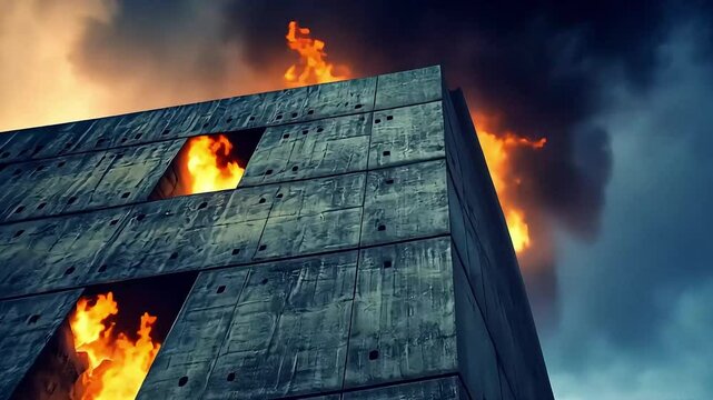 A dramatic view of a modern concrete building engulfed in flames against a stormy sky backdrop