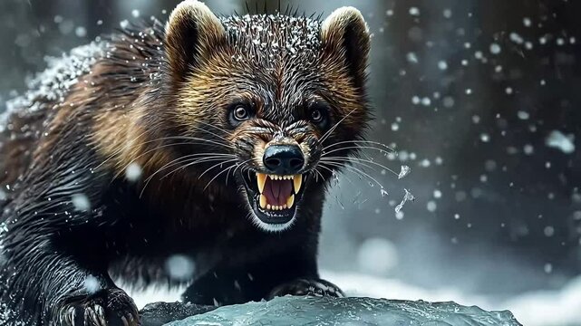 Fierce wolverine snarling amidst falling snow in a winter forest, showcasing its wild nature