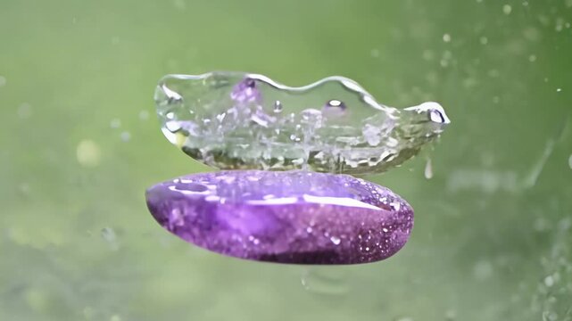Super slow motion video of falling purple lepidolite stone into water, isolated on green background, with soft ambient lighting for gentle atmosphere