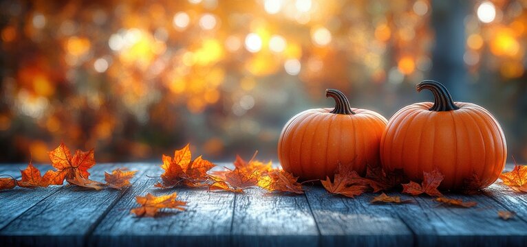 autumn pumpkins dried leaves rustic wooden table golden hour thanksgiving fall seasonal decoration