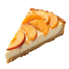 Peach cheese cake slice top view on white background