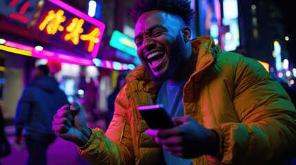 Joyful man laughs using phone in vibrant neon-lit Asian city street at night