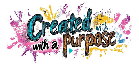 Inspirational Created with a Purpose Text Design with Vibrant Watercolor Splashes on Transparent Background for Motivational Projects