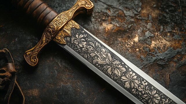 Ornate dagger with engraved floral details on a dark rustic background. - Powered by Adobe