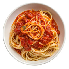 Pasta with tomato sauce on white bowl top view on