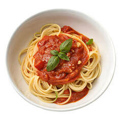 Pasta with tomato sauce on white bowl top view on