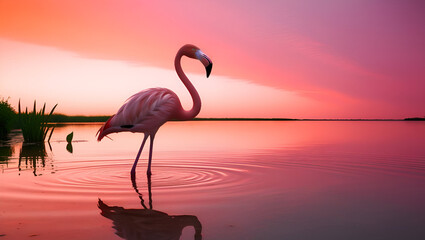 Elegant flamingo in shallow water, bathed in the warm hues of a tranquil sunset