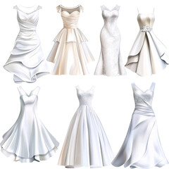 Collection of elegant white wedding dresses with various styles and silhouettes on a transparent background Concept of bridal fashion, marriage, and celebration