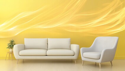 Modern living room, yellow wall, flowing design