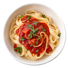 Pasta with tomato sauce on white bowl top view on