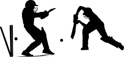 Two cricket players in black silhouette, one batting and the other defending with ball and stumps visible, shown in action poses	